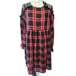 Simply Be NWT UK 16 Black/Red Check Dress With Lace Shoulder Detail